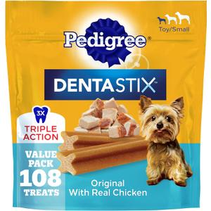 Pedigree Dentastix Dental Chews for Dogs, Small and Toy Breed Dog Treats, Original with Real Chicken, 1.63 lb. Bag (108 Treats Total) BBD: 05-30-26