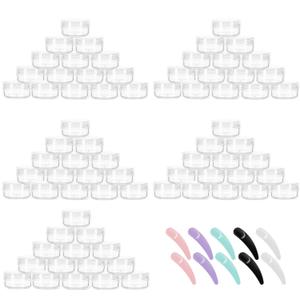Refillable Cosmetic Sample Jars - 100 Pack 10g (0.35oz) Clear Small Travel Containers with Lids + 10 Mini Makeup Spatulas - BPA Free