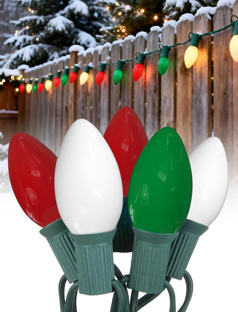 25Ft Red White and Green Christmas Lights,C9 Outdoor Christmas Lights with 26 Incandescent Bulbs(1 Spare),Extendable C9 String Lights Green Wire for Tree Xmas Roofline