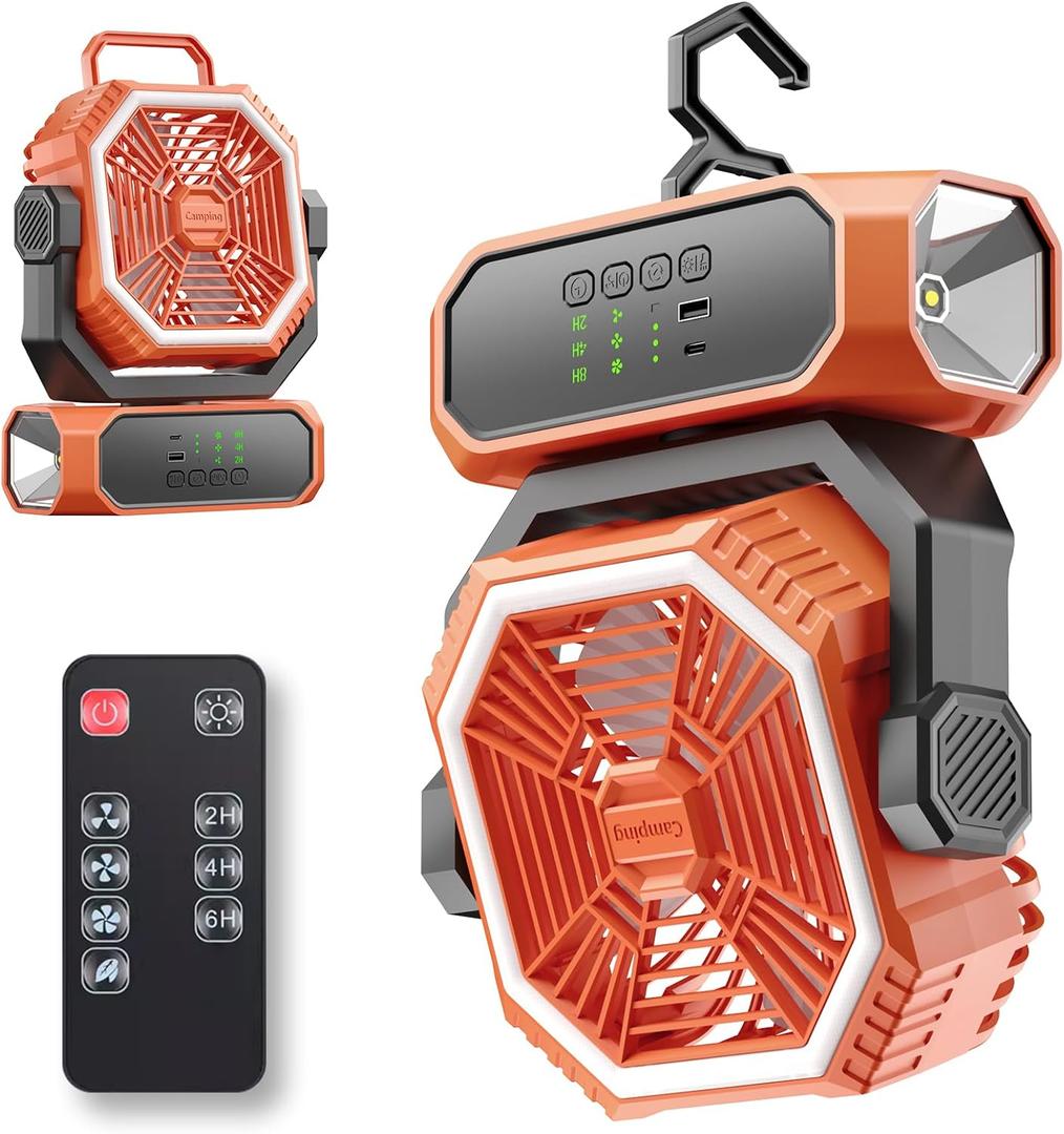Portable Camping Fan with LED Lantern & Flashlight, 20000mAh Rechargeable Battery, 65H Runtime for Tent, Travel, Outdoor Activities, Picnic, BBQ & Fishing