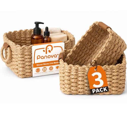Panovox Storage Basket, Recycled Paper Rope Basket Organizer, 3Pcs Small Baskets for Organizing, Mini wicker Basket for Decorative Storage Bins, Shelves, Cabinet - Brown