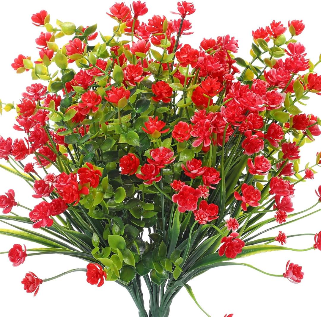 WILLBOND 12 Bundles Artificial Flowers Outdoor, UV Resistant Faux Artificial Plants Shrubs Plastic Flower Bulk for Hanging Planter Porch Window Home Spring Summer Decor(Red)