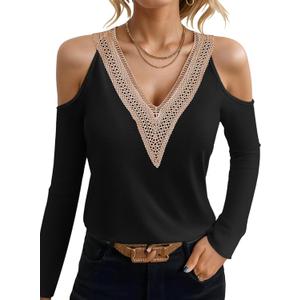 Womens Cold Shoulder Tunic Tops, Lace Trim V Neck Blouse Sexy Hollow Long Sleeve Shirts Trendy Dressy Casual (Black)