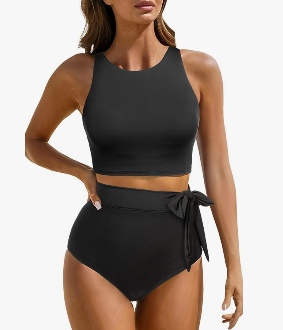 Aqua Eve Women High Waisted Bikini Set Racerback Swimsuit Two Piece Bathing Suit High Neck Swimwear M