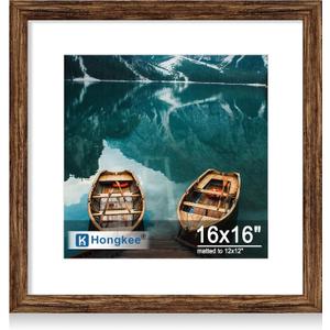Hongkee 16x16 Frame, 16 x 16 Rustic Brown Wood Style (12x12 Mat, 1 Pack), 16x16 in