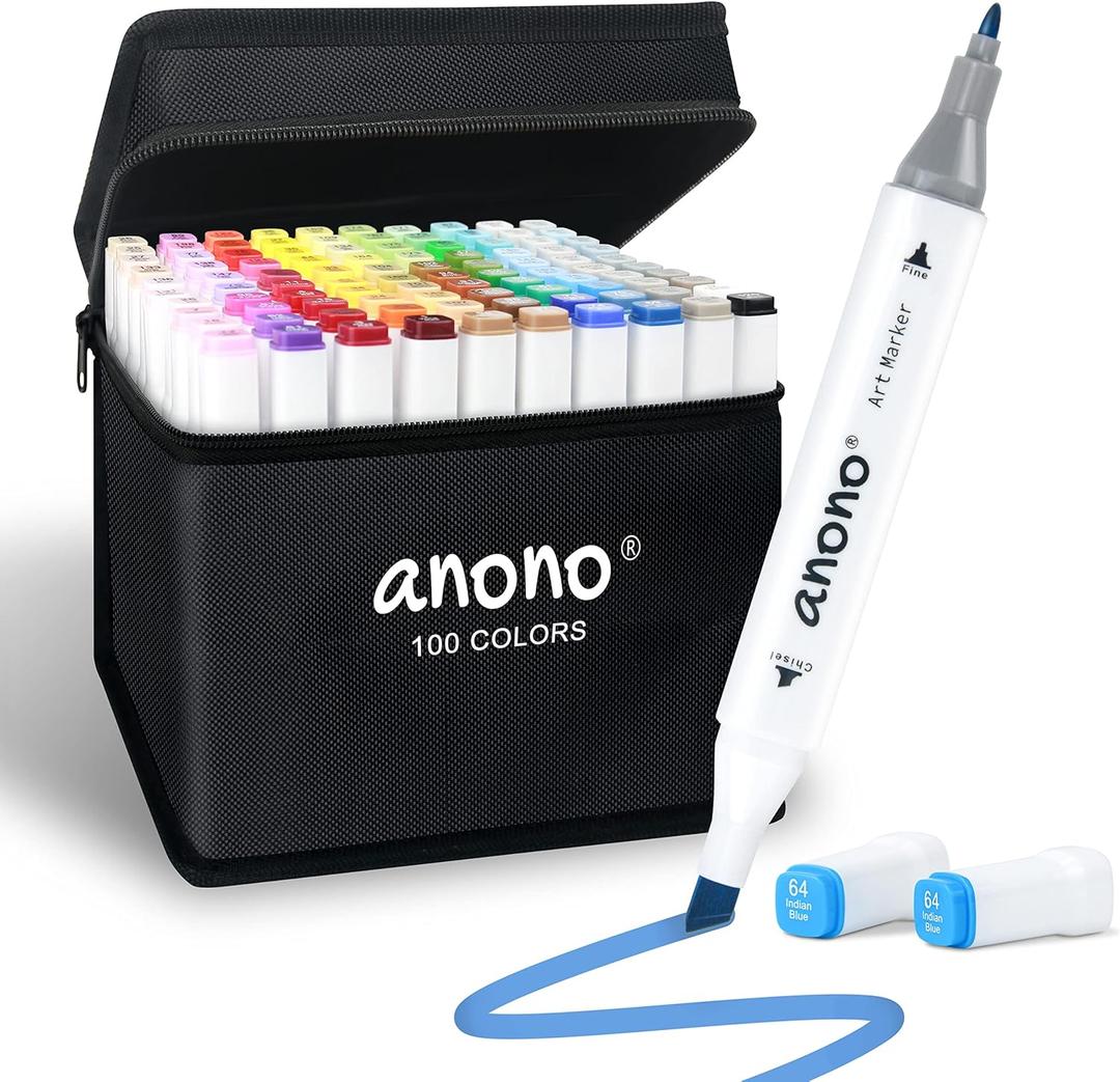 anono 100 Colors Alcohol Markers Set, Coloring Markers with Chisel and Fine Tips, Includes Carrying Case, Suitable for Book Painting and Coloring, White Barrel anono 100 Colors Alcohol Markers Set, Coloring Markers with Chisel and Fine Tips, Includes Carrying Case, Suitable for Book Painting and Coloring, White Barrel
