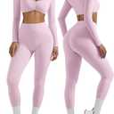 OMKAGI 2 Piece Workout Sets for Women Long Sleeve Padded Sports Bra High Waisted Gym Outfits with Pocket (Small, 441-Pink)