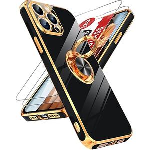 LeYi for iPhone-13-Pro Case: (𝐍𝐨𝐭 𝐟𝐢𝐭 𝐢𝐏𝐡𝐨𝐧𝐞 𝟏𝟑) 2 Pack Tempered Glass Screen Protector and 360° Rotatable Ring Holder Magnetic Kickstand, Plating Rose Gold Edge para 13 Pro Case, Black
 3Pcs