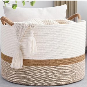 67L Large Blanket Basket, 20"x13" Woven Storage Baskets With Handle, Cotton Rope Blanket Basket Living Room, Baby Laundry hamper for Blanket, Nursery, Toy, Pillow (White & Brown)