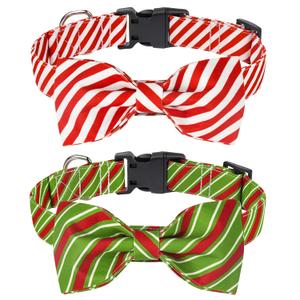 Malier 2 Pack Christmas Dog Collar With Bowtie  Classic Stripe for Girls and Boys, Cute Adjustable for Small Medium Large Dogs Cats Pets