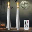 DRomance Halloween Ghost Flameless Taper Candles Flickering Battery Operated with Remote and Timer 3D Wick White Real Wax LED Taper Candles Halloween Dinner Decoration Indoor(2 Pack, 0.79"D x 9.5"H)