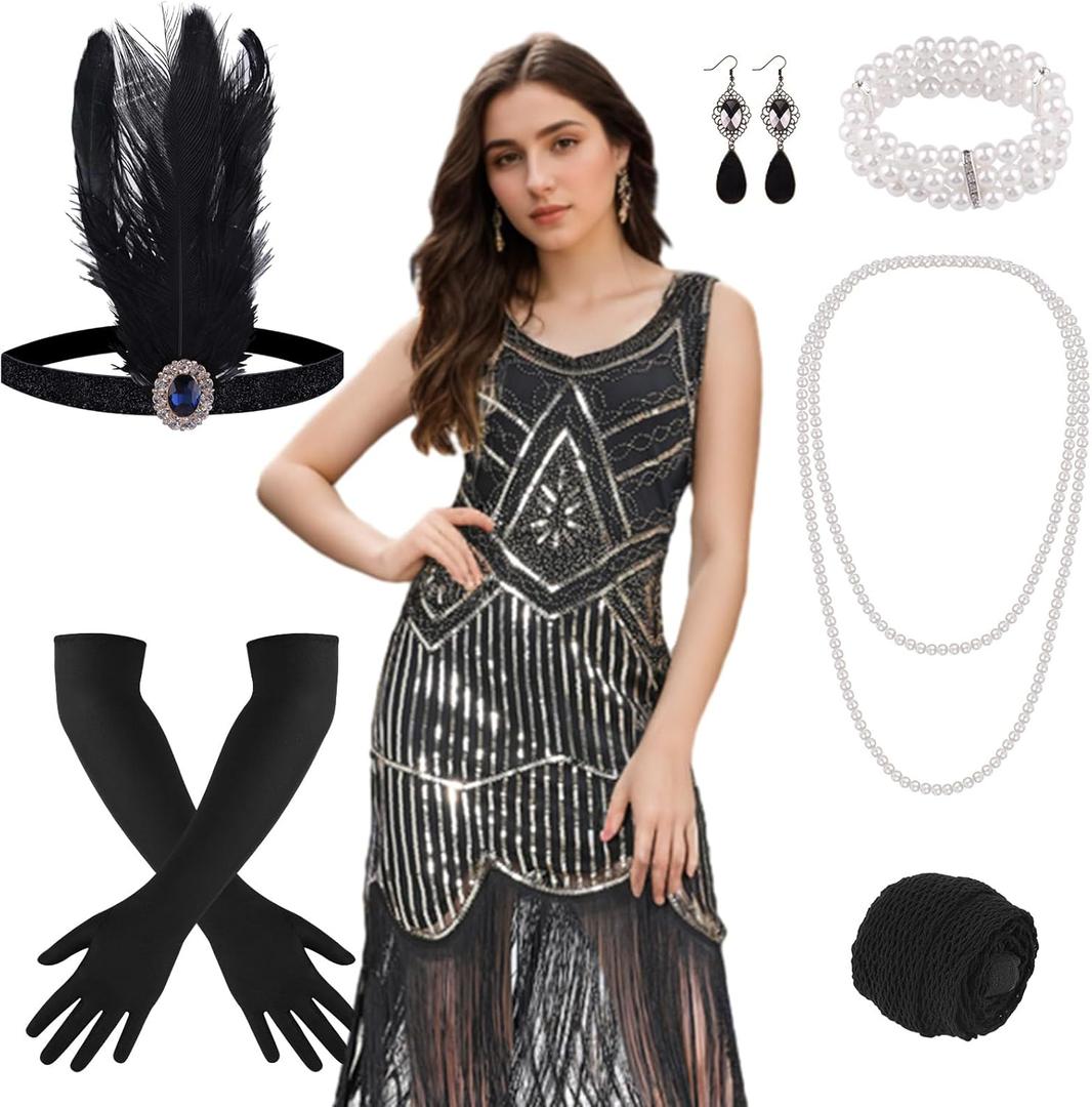 FEPITO 1920s Flapper Dresses for Women, Fringed Sequin Great Gatsby Dress for Women with 20s Accessories, Roaring 20s Costume (Black)