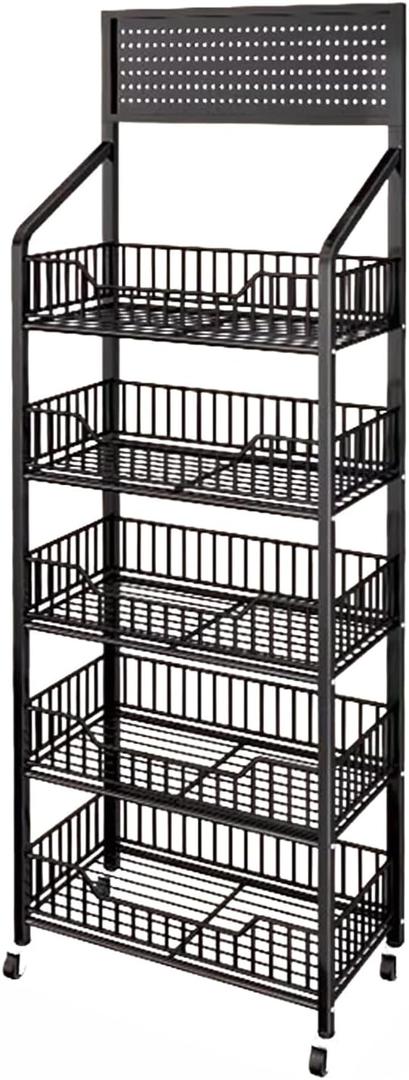 5 Tier Retail Display Rack, Metal Snack Rack with Wheels, 24inch Wide Chip Snack Display Stand with 15 Hooks for Kitchen Office Supermarket, Black