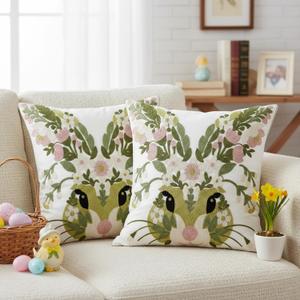 2Pcs Easter Bunny Throw Pillow Covers 18"x 18" Floral Bunny Embroidered Pillow Covers with Zipper Spring Rabbit Decorative Cushion Cases for Couch Bed Sofa Living Room Bedroom Decor Gift