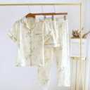 codcm Womens 3pcs Cotton Pajamas Set Short Sleeve Sleepwear Fruit Print Cute Pj Set with Long Pants (S)