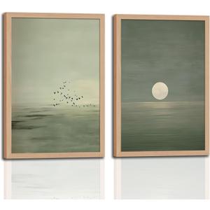 Japanese Zen Wall Art Set of 2 with Wooden Frame – Minimalist Sage Green Sunset Landscape Prints, Japandi Scandinavian Boho Painting, Framed Picture Wall Decor 12x16 Inch