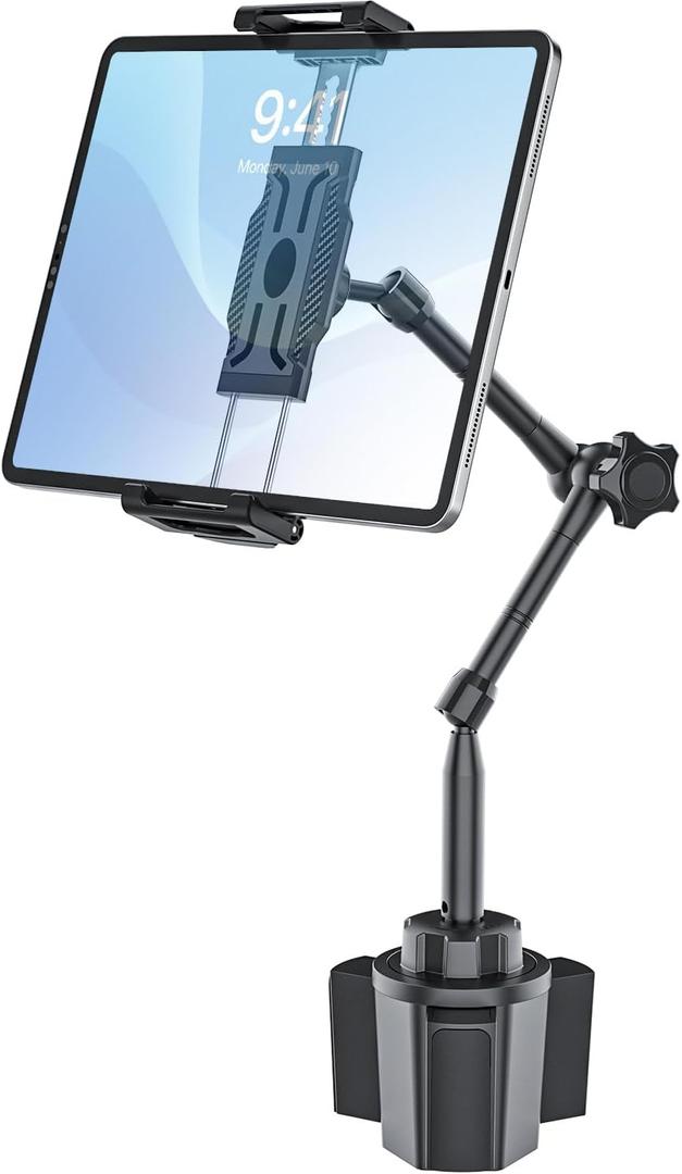 Car Tablet Holder for Cup Holder, Metal Long Arm 360 Rotation Tablet Mount for Truck Golf Treadmill, Fit Thickness Case (Deep Max 1.18'') for iPad Pro/Air/Mini, Galaxy Tab & 6.1-15.6" Devices