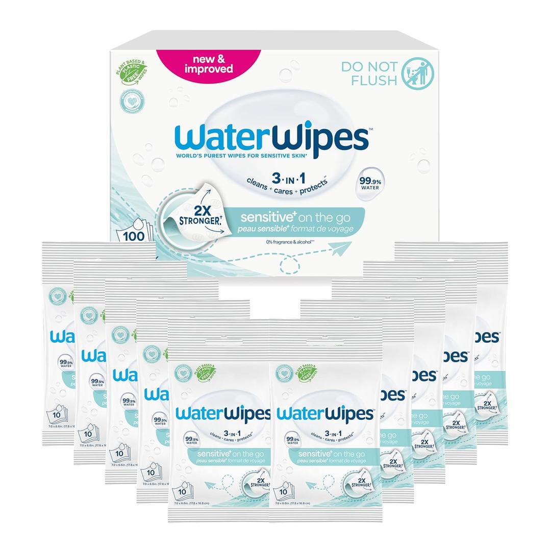 WaterWipes Sensitive+ On The Go Wipes, 3-In-1 Cleans, Cares, Protects, 99.9% Water, Unscented & Hypoallergenic Wet Wipes, 100 Count (10 Packs)