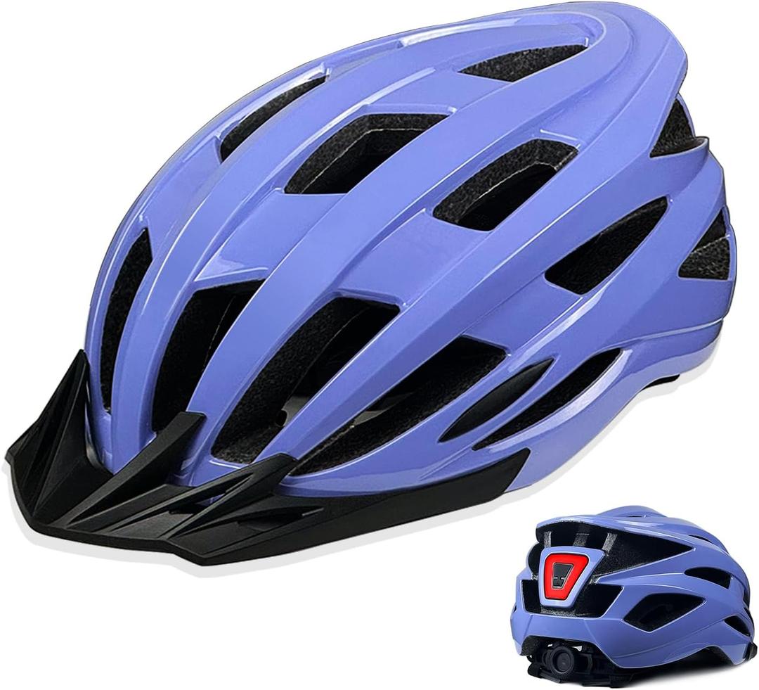 Bike Helmet for Adult Men Women with Multi-Mode Rear LED Light, with Suggested Fit 56-62cm, Lightweight with Adjustable Dial, Side and Chin Strap, Carbon Black Shiny Surface (Purple)