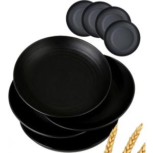 Wheat Straw Dinner Plates Set of 4, 7.87 Inch Unbreakable Deep Plates, Lightweight & Reusable for Camping, Dishwasher and Microwave Safe, Eco-Friendly Kitchen Tableware (Black)