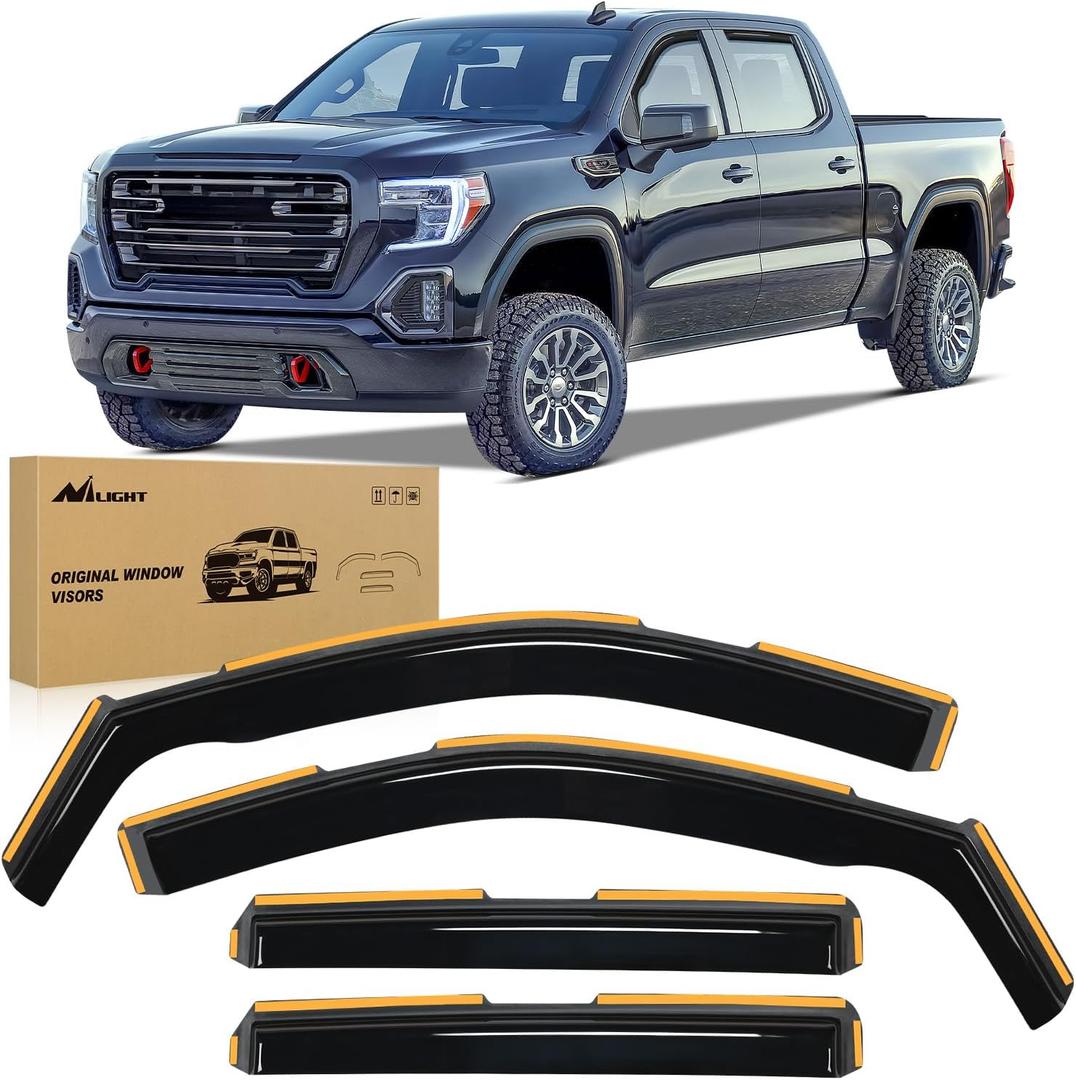 Nilight in-Channel Window Visors for 20192026 Chevy Silverado 1500 & GMC Sierra 1500 Crew Cab, Rain Guards Vent Visors for Fresh Air in Rain, Car Wash Safe, Reduce Fog & Wind Noise - 4pcs