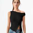 QINSEN Womens Off Shoulder Asymmetrical Tops Diagonal Button-up Closure Split Hem Cropped T Shirts Y2k Tank Top (Black, XL)