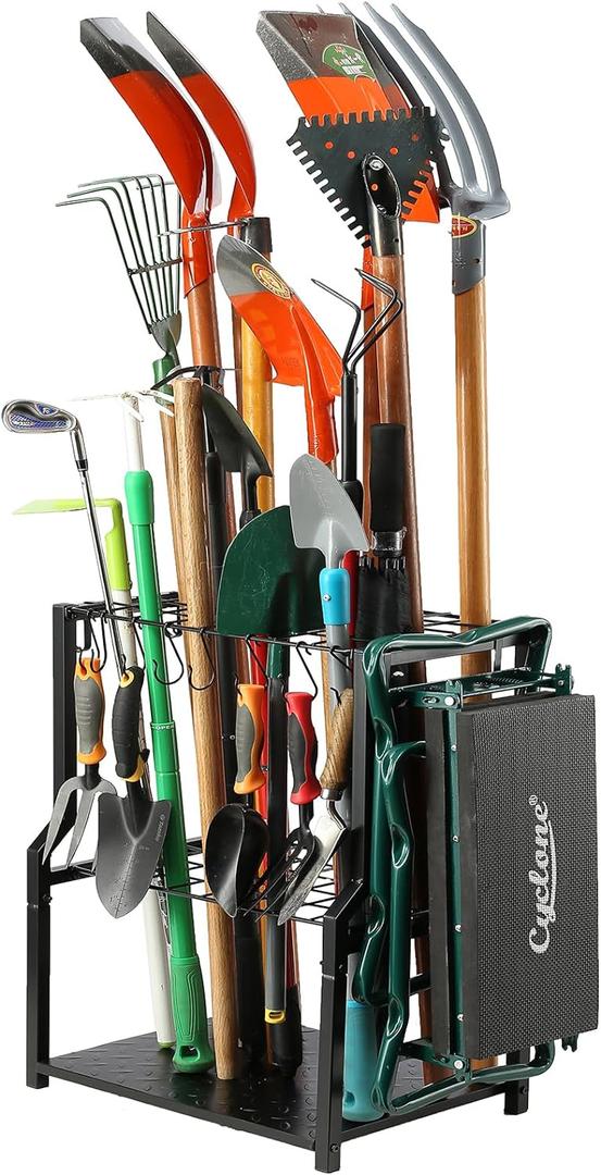 YueTong Garden Tool Organizer Heavy Duty,Yard Tool Tower Rack,Garage Storage Organization for Long Handle Tools,Rake,Brooms,Extra Hooks for Small Shovel,Shear.All Metal,Free Standing.