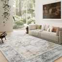 Washable Living Room Area Rugs: 9'x12' Large Rug Stain Resistant Distressed Vintage Boho Rug Non Slip Low Pile Faux Wool Soft Area Rug for Indoor Kids Playroom Farmhouse Dining Room Office Bedroom (Grey and Orange)