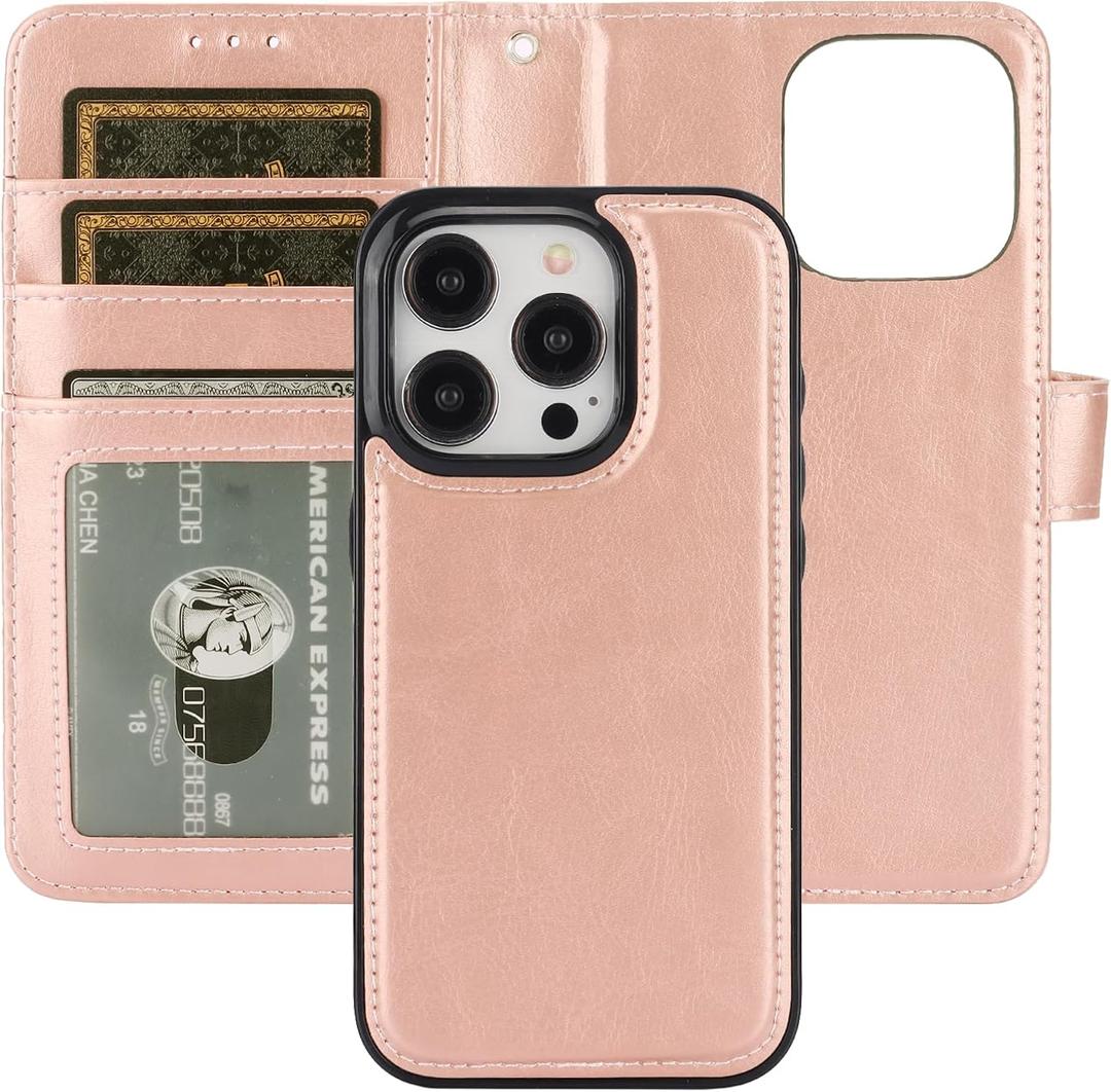Bocasal Detachable Wallet Case for iPhone 15 Pro RFID Blocking Card Slots Holder Premium PU Leather Magnetic Kickstand Shockproof Wrist Strap Removable Flip Protective Cover 5G 6.1 inch (Rose Gold)