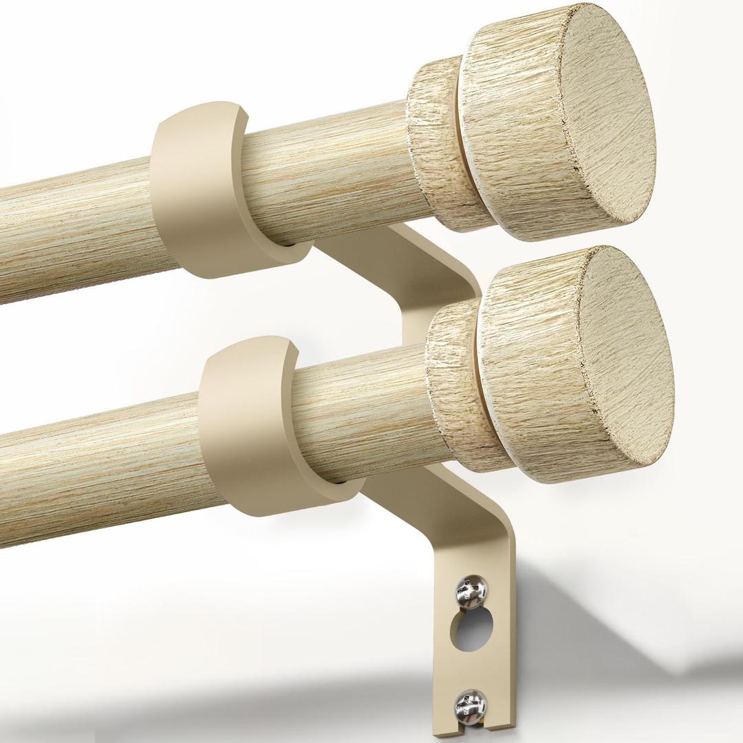 Lootkell 2 Pack White Oak Wood Curtain Rods for Windows 48 to 84 1" Diameter Boho Decorative Heavy Duty Window Curtain Rod Adjustable with Handmade Wood Grain Design for Living Room Bedroom Kitchen