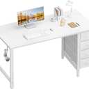 Lufeiya White Computer Desk with Drawers - 55 Inch Long Study Work Writing Desk for Home Office Bedroom, Reversible Simple Modern Cute PC Desks with Fabric Drawer, White