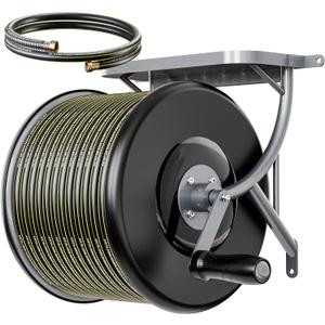 Heavy Duty Wall Mounted Garden Hose Reel Durable Steel Construction, Come with 130ft Rubber Garden Hose & 5ft Lead-in Hose, Brass Fittings, Easy Crank Handle, Weather Resistant