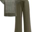 ANRABESS Women Two Piece Outfits Crochet Sheer Knit Sweater Top Wide Leg Pants Lounge Matching Sets Sweatsuit Travel Clothes (Green, L)