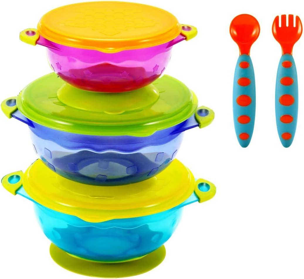 PandaEar Stay Put Spill Proof Stackable Baby Suction Bowls 3 Sizes for Toddlers with Silicone Feeding Utensils and Secure Lids BPA Free