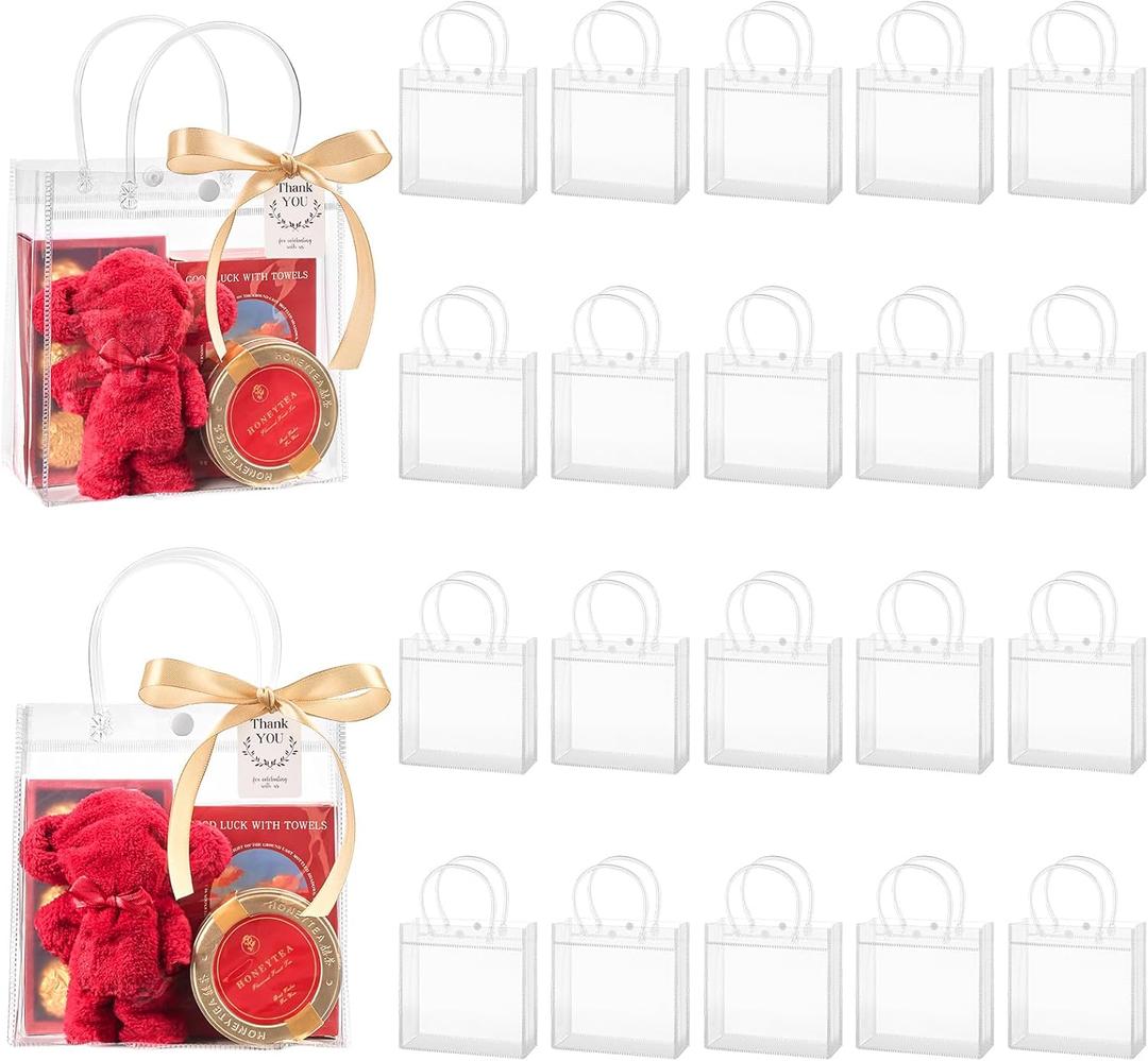 Mauproy 30 Pack Clear Plastic Gift Bags with Handles, Party Favor Bags with Ribbons and Tags, Reusable Goodie Tote Bags for Valentine's Day Wedding Baby Shower (6.9 x 6.9 x 3.5")