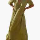 R.Vivimos Womens Summer Cotton Flowy Maxi Dress Short Sleeve V Neck Empire Waist Boho Tiered Ruffle Casual Loose Long Dresses, S, Army Green