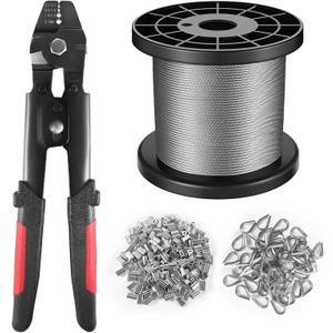 Wire Rope Crimping Tool Kit, 328FT Stainless Steel Cable with 200PCS 1/16 Aluminum Crimping Loop Sleeves and 50PCS Stainless Steel Thimbles