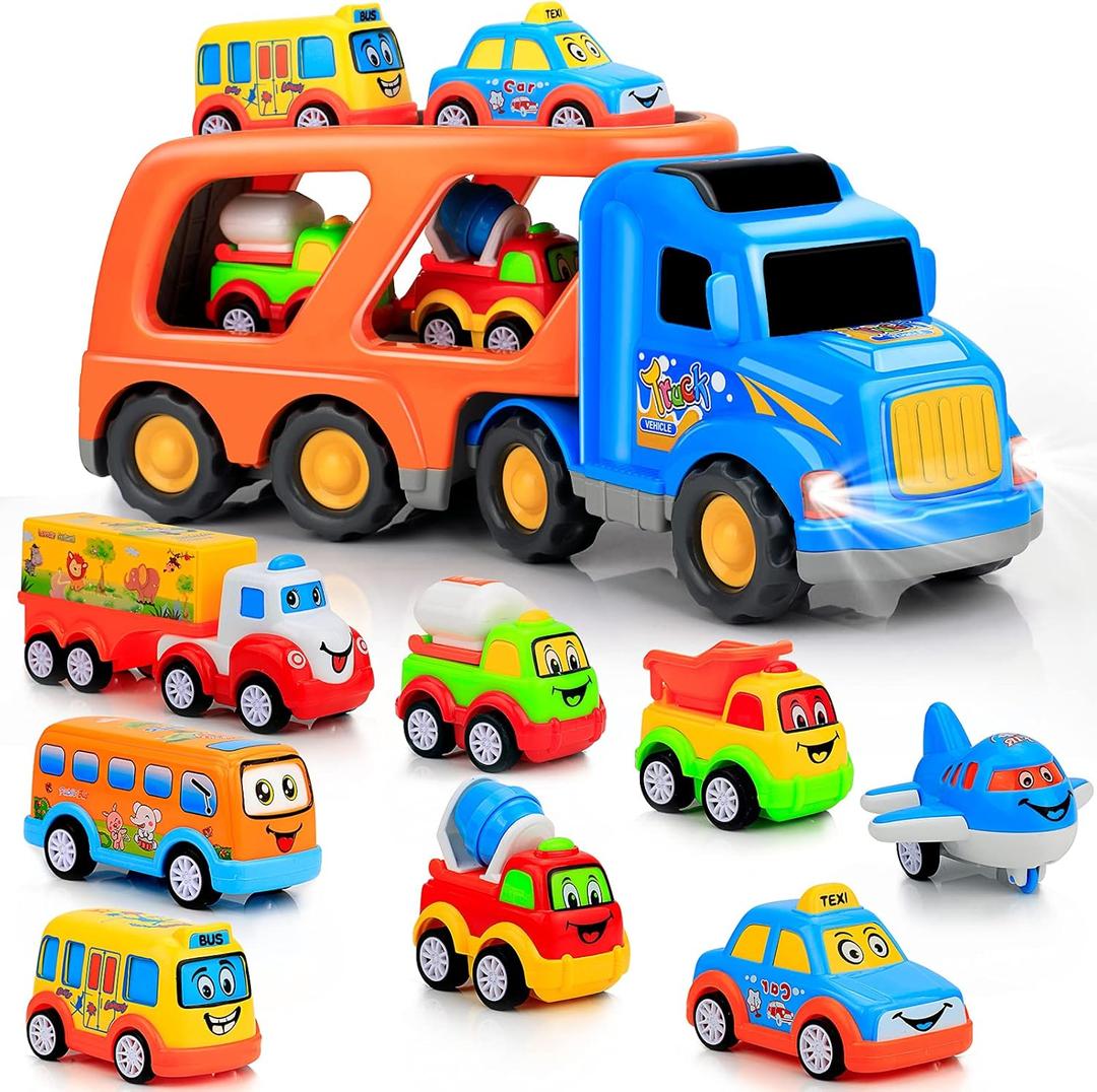 9 Pcs Cars Toys for 2 3 4 5 Years Old Toddlers, Big Carrier Truck with 8 Small Cartoon Pull Back Cars, Colorful Assorted Vehicles, Transport Truck with Sound and Light, Best Gift for Boy and Girl (Multicolor)