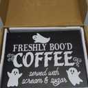 Gift Boutique Halloween Coffee Sign  Freshly Bood Coffee Served with Scream and Sugar Black Wooden Tabletop Plaque for Kitchen, Cafe, Party Decor