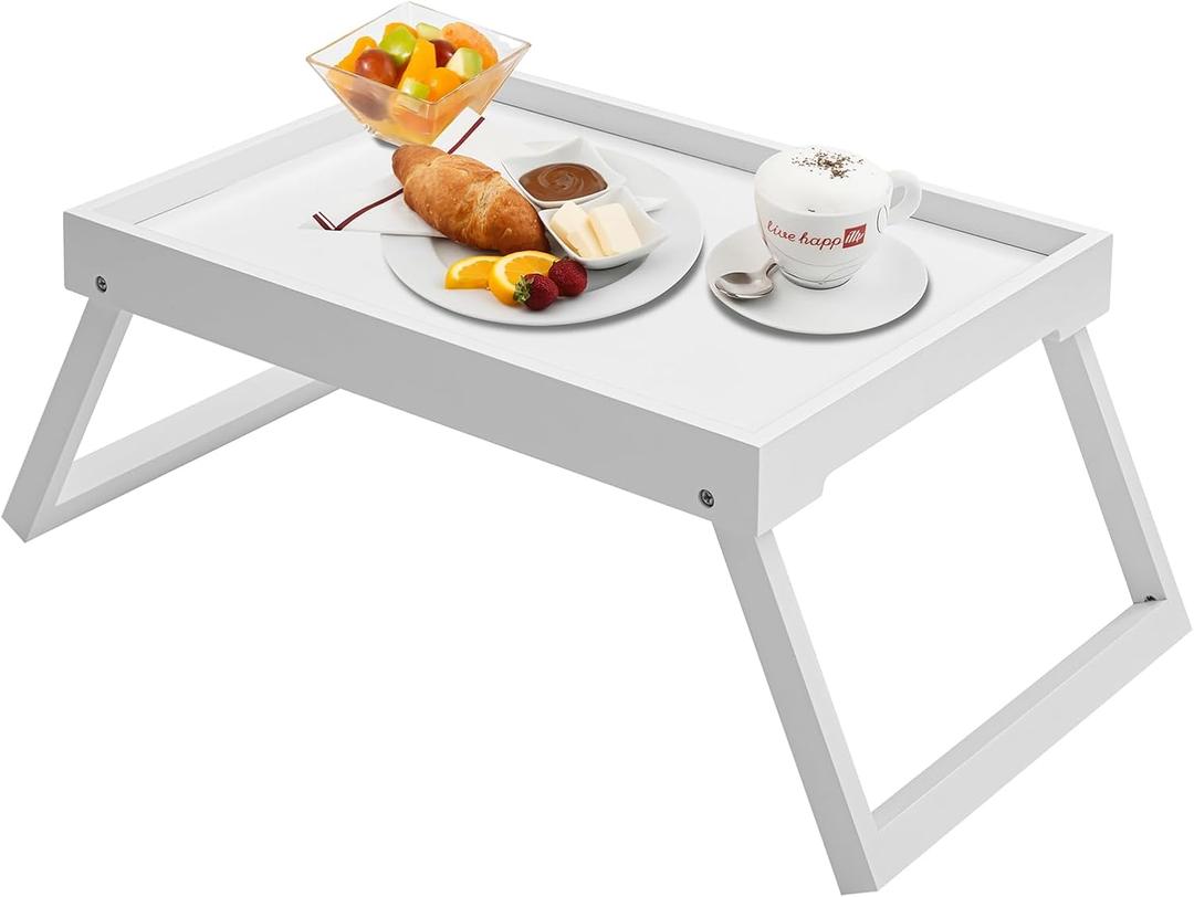Bamboo Bed Tray Table with Foldable Legs, Breakfast Tray, Laptop Desk for Bed or Sofa,Food,Dinner,Serving,TV Table,Kitchen,Eating,Working (White)