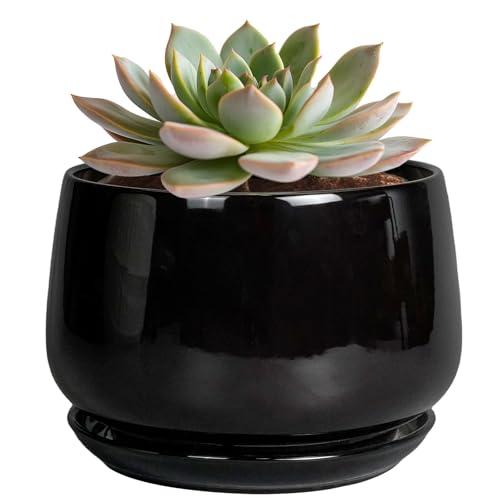 G EPGardening 6 Inch Planter - Ceramic Pot for Plants, Ceramic Planter with Drainage and Saucer, Round Flower Pot Indoor Outdoor, Modern Room Decor, Home Gifts, Black