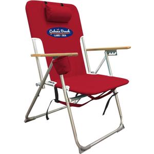 Cabana Beach Folding Beach Chair, 4 Position Portable Backpack Foldable Camping Accessories with Headrest, Cup Holder, and Wooden Armrests, Tango Red