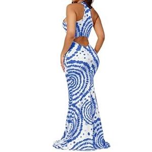 EDITCOZY Women Sexy Bodycon Maxi Dress Tie Dye Beach Summer Dresses Halter Backless Long Sundress Vacation Sky Blue L