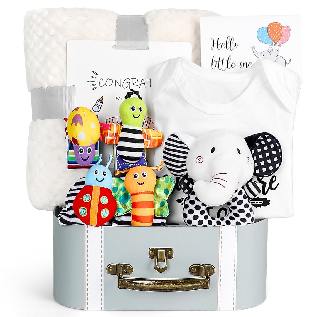 Baby Gift Set, Baby Shower Gifts, Black and White High Contrast Baby Toys 0-6 Months for Newborn Essentials Infant Rattle Socks Elephant Toys Blanket Onesies Baby Gift Basket for Girls Boys