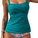 ZAFUL Tankini Swimsuits for Women Tummy Control High Waisted Twist Front Ruched Two Piece Bathing Suit, Teal FloralL