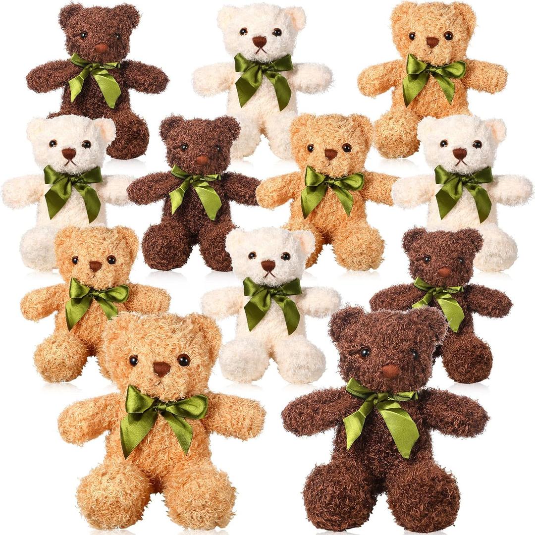 HyDren 12 Pack Bear Stuffed Animal Baby Shower Plush Gift Bulk 10 Inch Small Bear with Bow Holiday Party Favors Toy for Mother's Day Wedding Birthday Gift Decoration(White, Light Brown, Dark Brown)