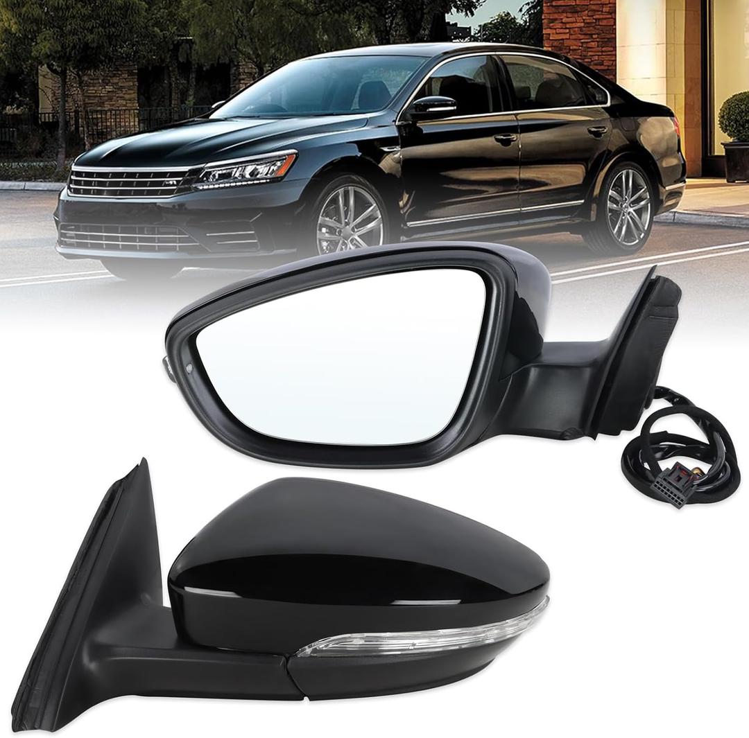 Left Driver Side Mirror Compatible With 2016 2017 2018 2019 2020 2021 2022 VW Passat With Power Folding Power Glass Heated Turn Signal Black Replace#561857507BB9B9(8Pins)