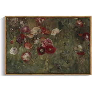 InSimSea Framed Canvas Wall Art Vintage Decor, Flowers Canvas Wall Art Modern Farmhouse Decor, Botanical Wall Art Painting for Office, Bedroom Bathroom Office home Decor, 24"x36" (36L" x 24W", A Bed of Poppies)