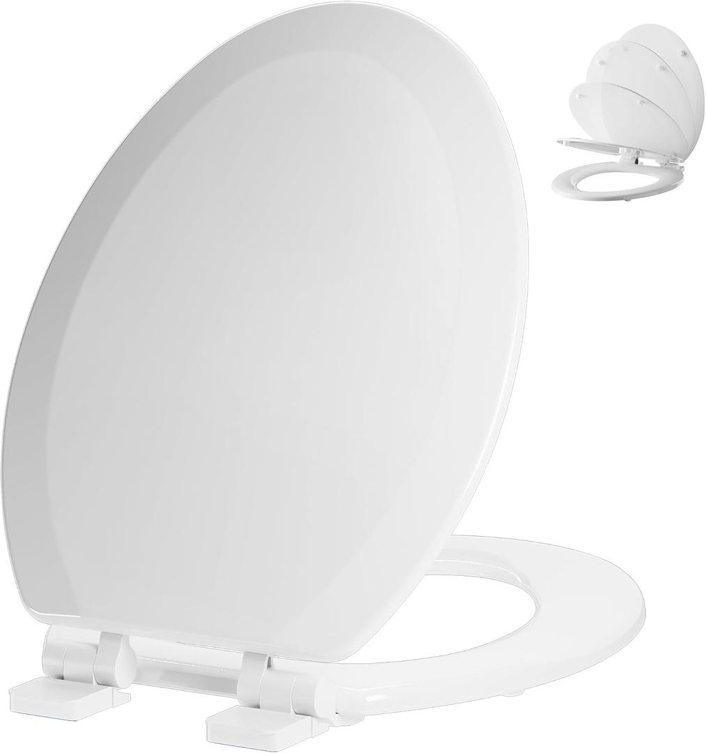 Elongated Toilet Seat Angol Shiold Quiet-Close Molded Wood Toilet Seat with Non-Slip Adjustable Hinges, Anti-Pinch Bumpers, Easy Install & CleanWhite, Elongated 18.5''