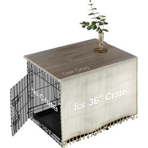VIE DE AMAN Dog Crate Topper Wood for 48 42 36 24 inch Cages, Dog Crate Table Topper with Tassel Curtain, Rustic Style Dog Kennel Topper, Oak Grey(Dog Crate Not Include)
